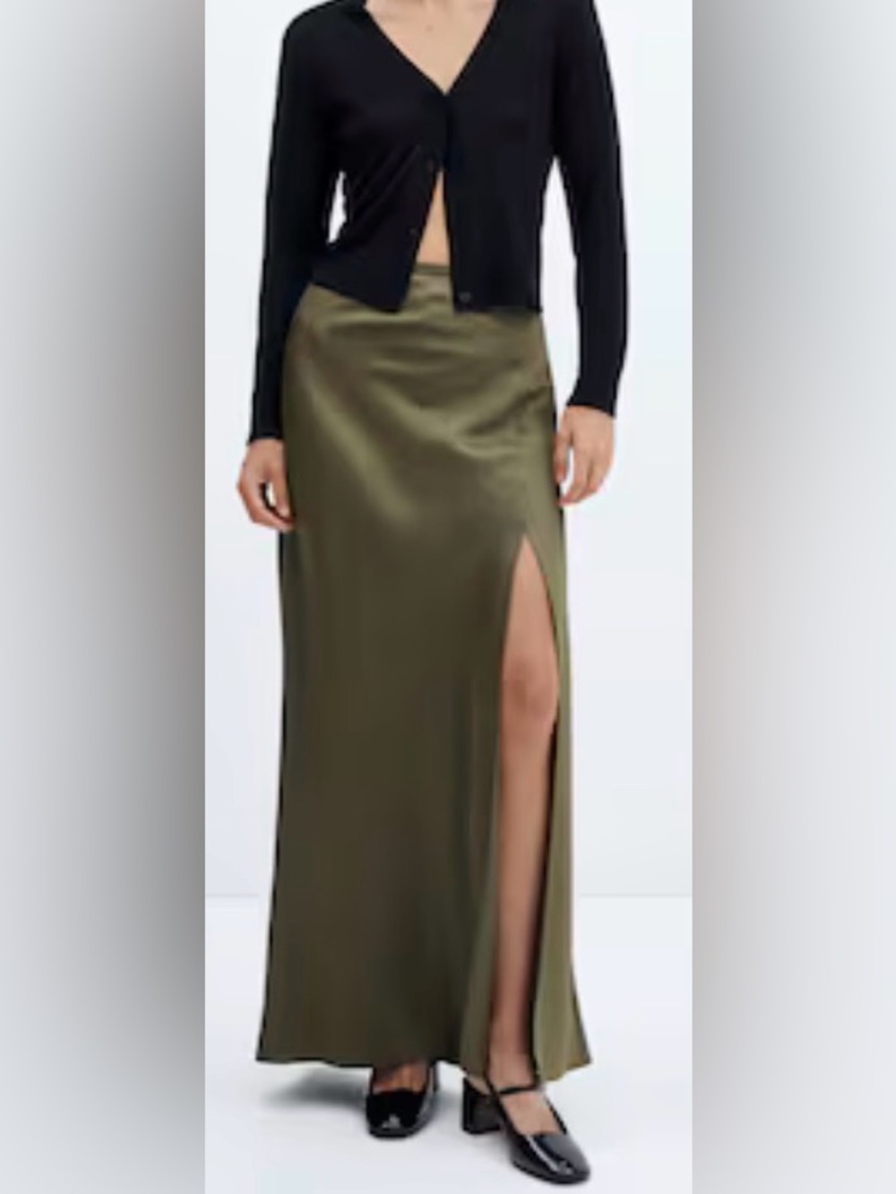 Mango Olive Green Maxi Skirt with High Side Slit/ Size 4